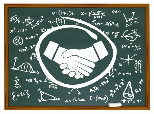 Handshake overeenkomst schudden handen schoolbord formule oplossing 3D illustratie — Stockfoto