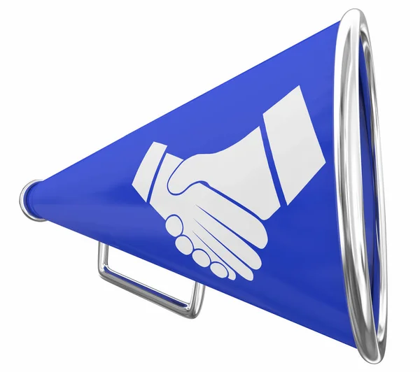 Handshake Bullhorn megaphone Deal ogłoszenie 3D Illustration. jpg — Zdjęcie stockowe