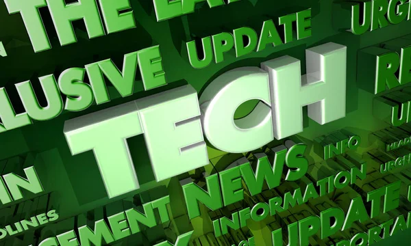 Tech News Update közlemény Word Collage 3D illusztráció — Stock Fotó