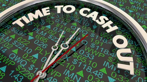 Time to Cash Out Sell Stocks Investements Clock 3d Illustration — Stock Photo, Image