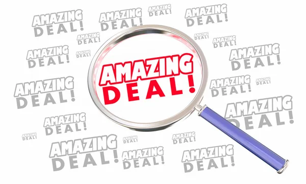 Amazing deal verkoop speciale aanbieding Bespaar geld vergrootglas zoeken 3D illustratie — Stockfoto