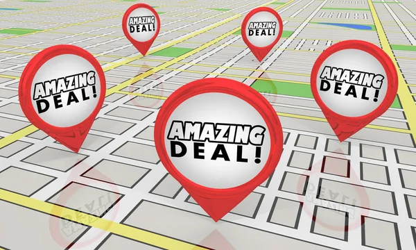 惊人的交易销售特别优惠省钱地图针店位置3D插图 — 图库照片
