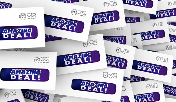 Geweldige deal grote verkoop speciale aanbieding korting direct mail enveloppen 3D illustratie — Stockfoto