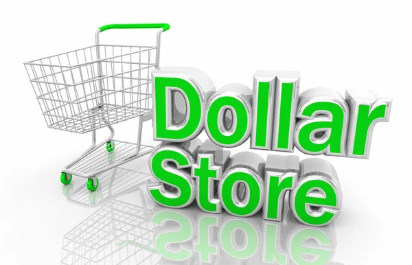 Dollar Store Descuento Carrito de compras Palabras 3d Ilustración — Foto de Stock