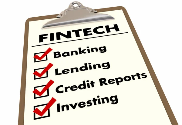 Fintech Checklist Modelos de Negócios Bancário Empréstimo Ilustração 3D — Fotografia de Stock