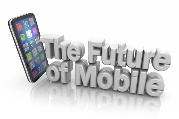 El futuro del teléfono móvil Nuevas palabras de innovación Ilustración 3d — Foto de Stock