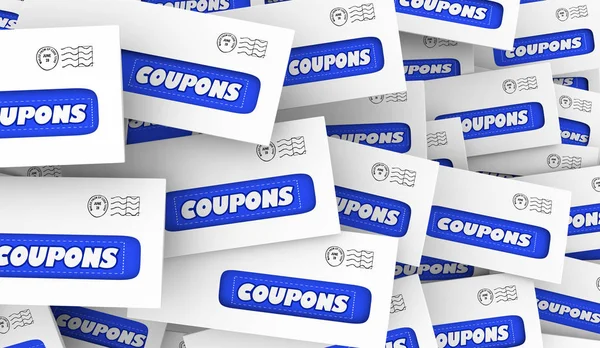 Coupons Bespaar geld aanbiedingen reclame direct mail enveloppen 3D illustratie — Stockfoto