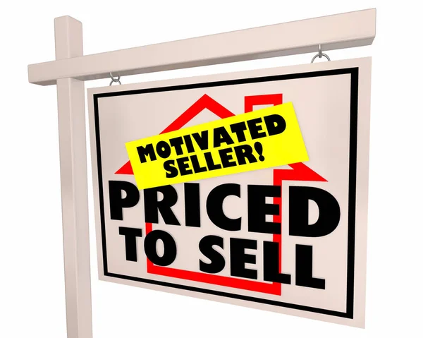 定价出售动机卖方房屋出售标志3D插图 — 图库照片