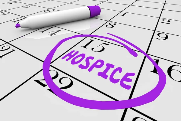 Hospice thuiszorg assistentie start kalender dag datum 3D illustratie — Stockfoto