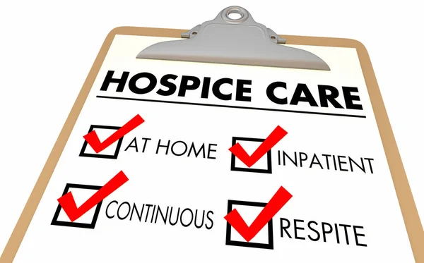 Hospiz Stufen zu Hause kontinuierliche stationäre Pflege Checkliste 3d Illustration — Stockfoto
