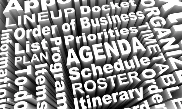Agenda Elementos Prioridades Orden del día Calendario Palabras 3d Ilustración —  Fotos de Stock