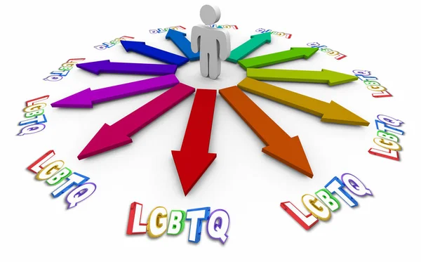 LGBTQ lesbienne bisexuel gay transgenre questionnement personne flèche directions 3d illustration — Photo