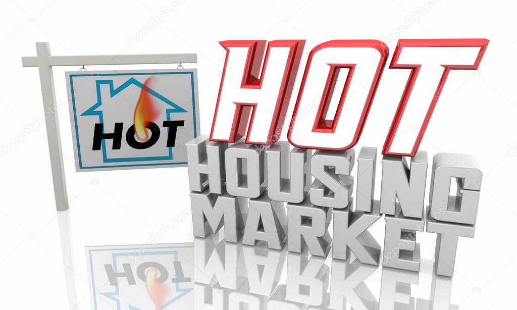 Hot Housing Market Home For Sale Sign Houses Buy Sell 3d Illustration