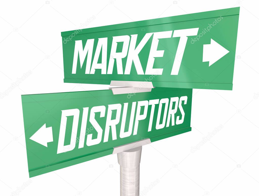 Market Disruptors Innovators Two Street Road Signs Intersection Corner 3d Illustration