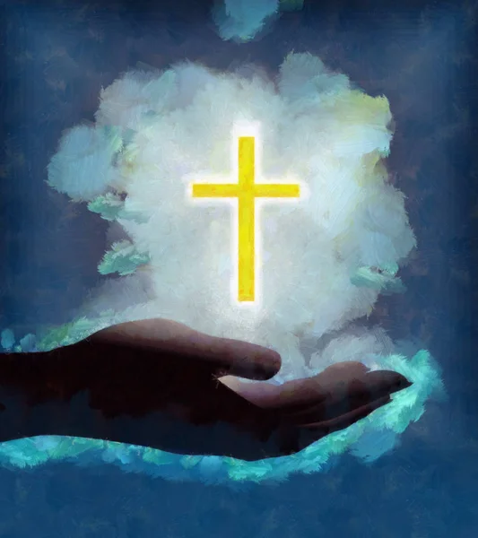Hånd Som Holder Skinnende Kristent Kors Frelse Strålende Sky Kunstnerisk – stockfoto