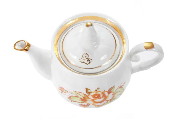 Konvice Čaj Zdobená Květinami Izolované Bílém Pozadí — Stock fotografie