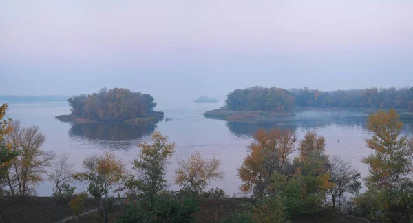 Panorama Islands Sunrise Fog Dnieper River — Stock Photo, Image