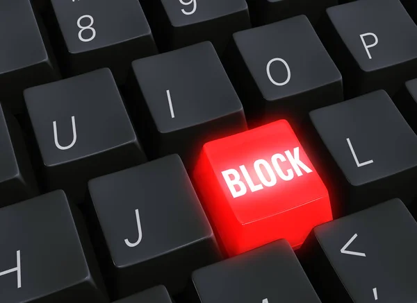 Close Illustration Black Computer Keyboard Glowing Red Block Key — Stock Photo, Image