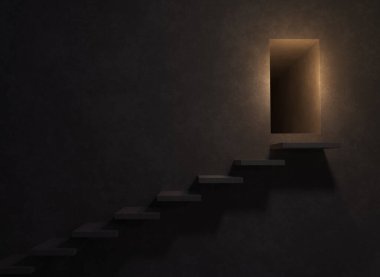 Loş, gri beton adımlar uğursuz gölgeler bırakıyor. Gri beton duvarın kenarından yukarı, karanlık bir geçide doğru gidiyor. Kısmen altın ışıklarıyla aydınlanmış..