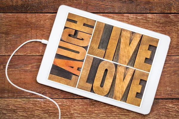 Laugh Live Love Word Abstract Vintage Letterpress Wood Type Digital — Stock Photo, Image