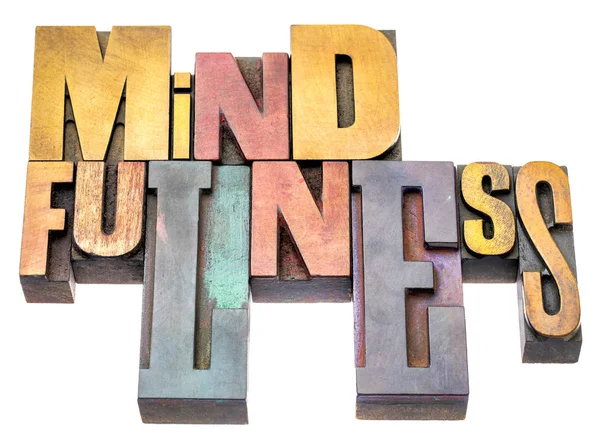 Mindfulness Λέξη Αφηρημένα Banner Ευαισθητοποίηση Έννοια Απομονωμένη Κείμενο Vintage Letterpress — Φωτογραφία Αρχείου