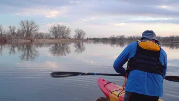 柯林斯堡 2018年3月13日 男桨手在黄昏时在平静的湖面上划独木舟 春季风光 — 图库视频影像
