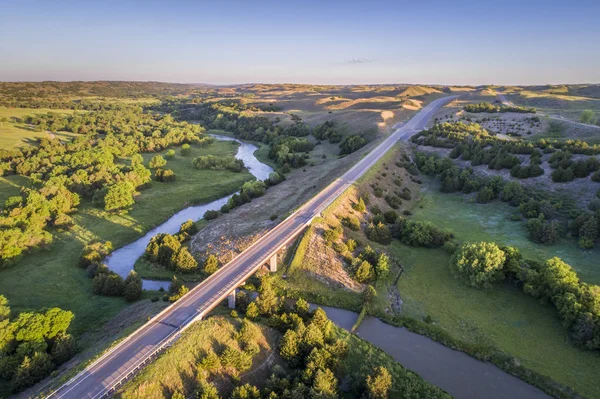 Vista Aérea Una Carretera Puente Sobre Río Triste Nebraska Sandhills — Foto de Stock