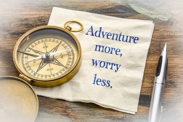 Adventure More Worry Less Inspiraitonal Handwriting Napkin Antique Brass Compass — Stock Photo, Image