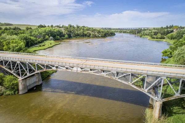 Rio Niobrara Com Arco Histórico Ligado Pinos Ponte Bryan Construída — Fotografia de Stock