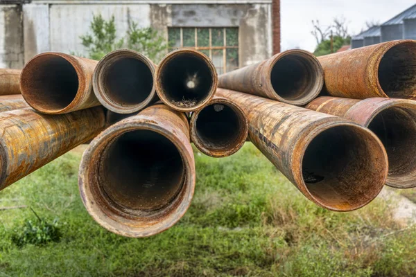 Rusty Pipes Stored Racks Workshop Yard Small Rural Town Colorado — Stock Photo, Image