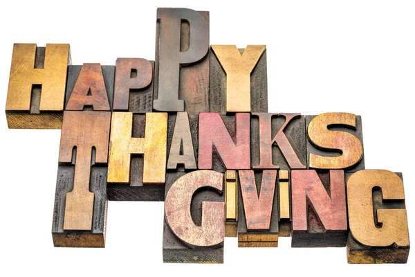 Happy Thanksgiving Isolated Word Abstract Vintage Wood Letterpress Printing Blocks — Stock Photo, Image