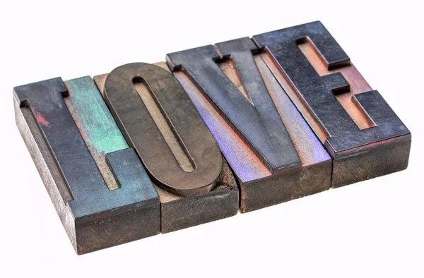 Love Isolated Word Abstract Vintage Wooden Letterpress Type Blocks Stained — Stock Photo, Image