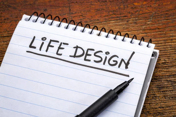 Life Design Handwriting Spiral Notebooks Grunge Wood — Stock Photo, Image