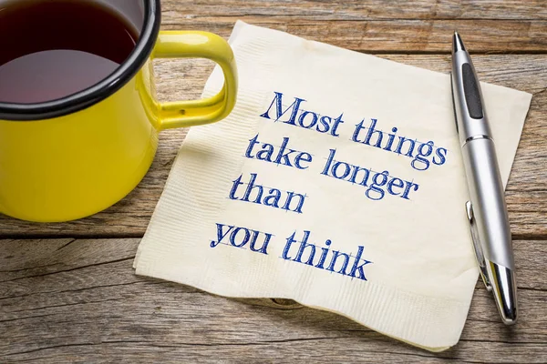 Most Things Take Longer You Think Handwriitng Napkin Cup Tea — Stock Photo, Image