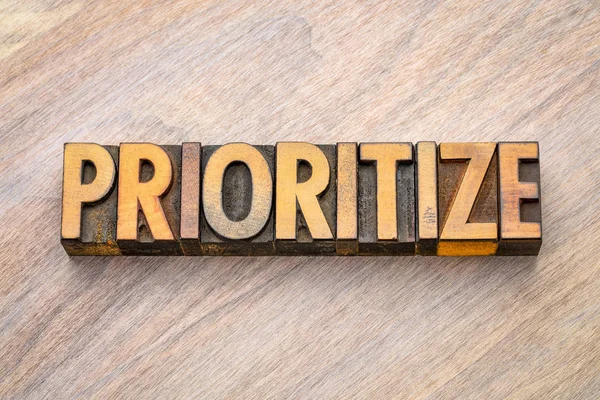 Prioritize Word Abstract Vintage Letterpress Wood Type Printing Blocks — Stock Photo, Image