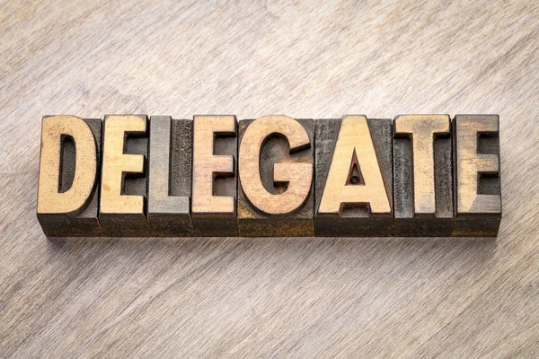 Delegate Word Abstract Vintage Letterpress Wood Type — Stock Photo, Image