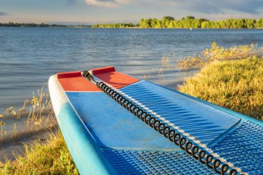 paddleboard bir göl kıyısı Colorado (Boyd Gölü State Park), yaz sahne Emanet tasma ile ayağa