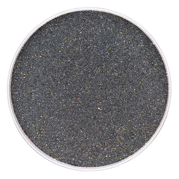 黑色磁性沙子样品从海洋海滩 金门国家娱乐区 旧金山 加利福尼亚 顶部视图独立培养皿 — 图库照片