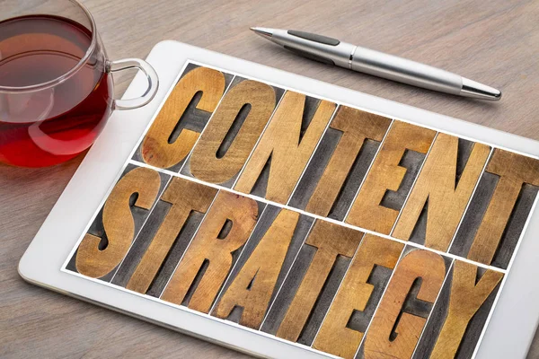 Content Strategy Word Abstract Letterpress Wood Type Printing Blocks Digital — Stock Photo, Image