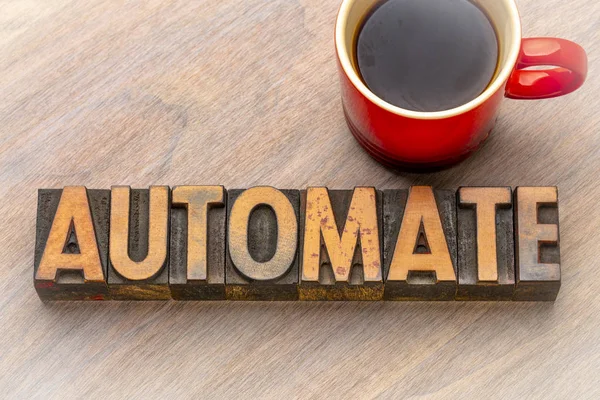 Automate Word Abstract Vintage Letterpress Wood Type Cup Coffee — Stock Photo, Image