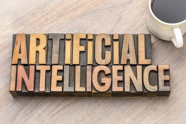 Artificial Intelligence Word Abstract Vintage Letterpress Wood Type Cup Coffee — Stock Photo, Image