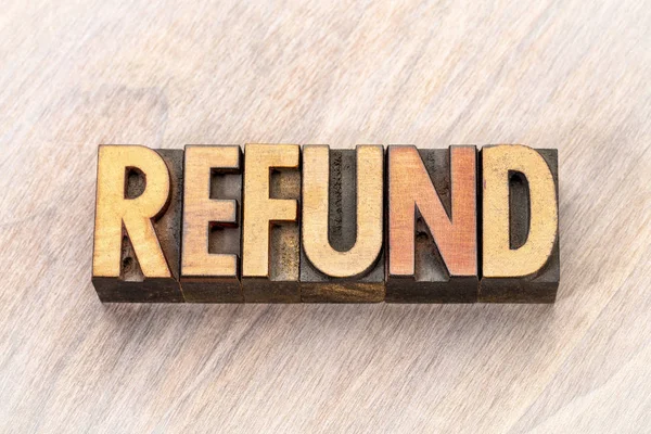 Refund Word Abstract Vintage Letterpress Wood Type — Stock Photo, Image