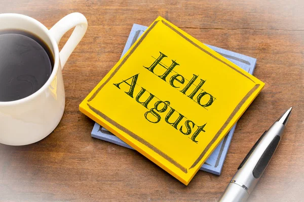 Hello August Text Sticky Note Rustic Wood Cup Coffee — Stock Photo, Image