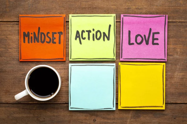 Mindset Action Love Concept Handwriting Colorful Sticky Notes Cup Coffee — Stock Photo, Image