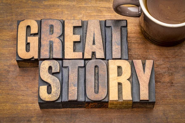 Great Story Word Abstract Vintage Letterpress Wood Type Grunge Wooden — Stock Photo, Image