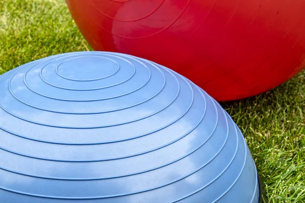 Balones Entrenamiento Equilibrio Césped Verde Concepto Fitness Patio Trasero — Foto de Stock