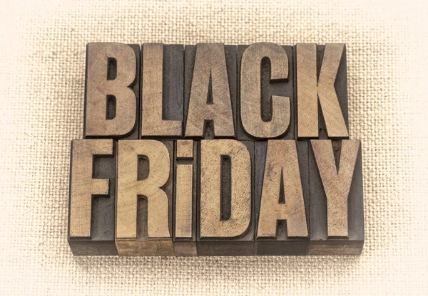 Black Friday Banner Vintage Letterpress Wood Type Blocks Burlap Canvas — Stock Photo, Image