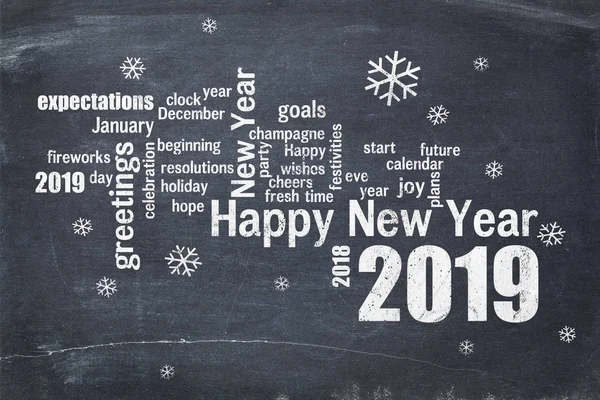 Happy New Year 2019 Word Cloud White Chalk Text Blackboard — Stock Photo, Image