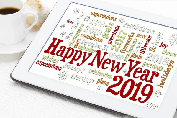 Happy New Year 2019 Greetings Card Word Cloud Digital Tablet — Stock Photo, Image