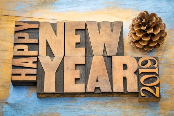 Happy New Year 2019 Greeting Card Word Abstract Vintage Letterpress — Stock Photo, Image